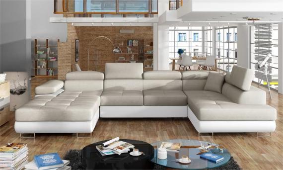 Photo Sofa beds with storage - beige/fabric - white/faux leather - 345x205 - RODRIGO