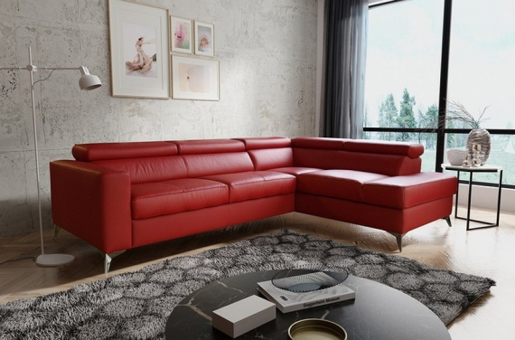 Photo Sofa bed with storage, genuine leather - MONDO, Red