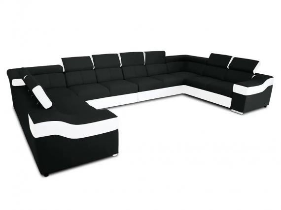 Foto SOFÁ GRANDE 10 PLAZAS I FORMA DE U I REPOSACABEZAS RECLINABLES Y BRAZOS ANCHOS 440 CM X 260 CM EVA NEGRO TELA/BLANCO POLIPIEL