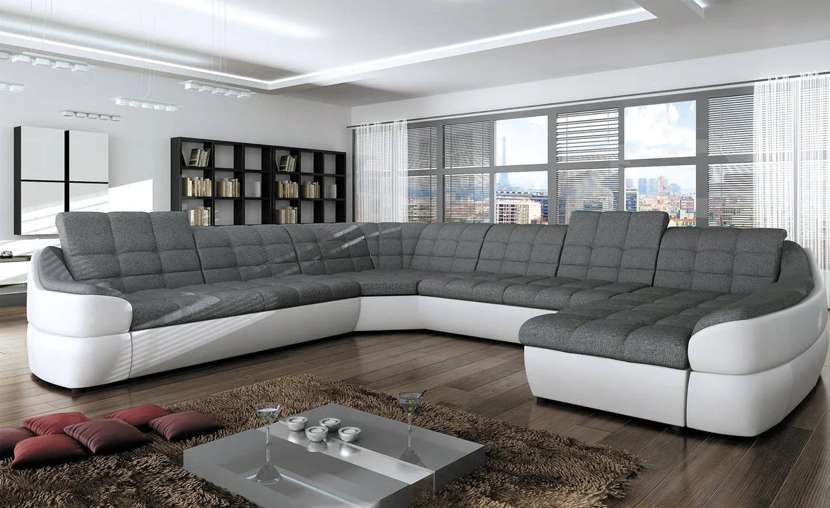 SOFÁ GRANDE CON CAMA Y ARCÓN FORMA DE U 398 CM X 314 INFINITY XL R3 GRIS TELA/BLANCO POLIPIEL