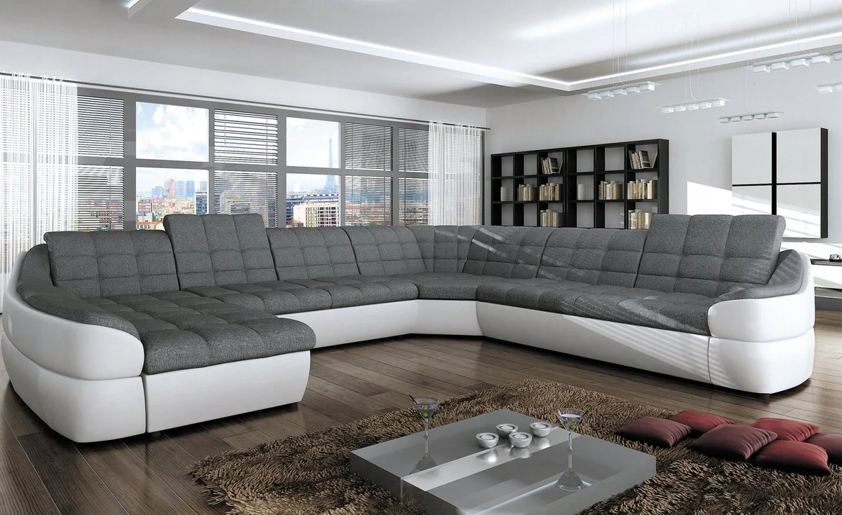 SOFÁ GRANDE CON CAMA Y ARCÓN FORMA DE U 398 CM X 314 INFINITY XL R3 GRIS TELA/BLANCO POLIPIEL