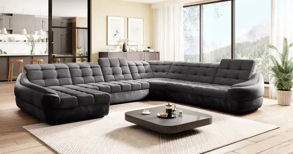 SOFÁ GRANDE CON CAMA Y ARCÓN FORMA DE U 398 CM X 314 INFINITY XL R3 GRIS TELA