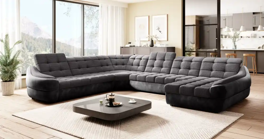 SOFÁ GRANDE CON CAMA Y ARCÓN FORMA DE U 398 CM X 314 INFINITY XL R3 GRIS TELA