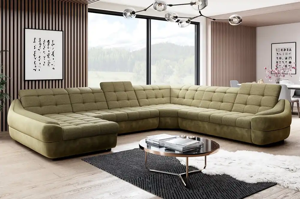 SOFÁ GRANDE CON CAMA Y ARCÓN FORMA DE U 398 CM X 314 INFINITY XL R3 OLIVA TELA