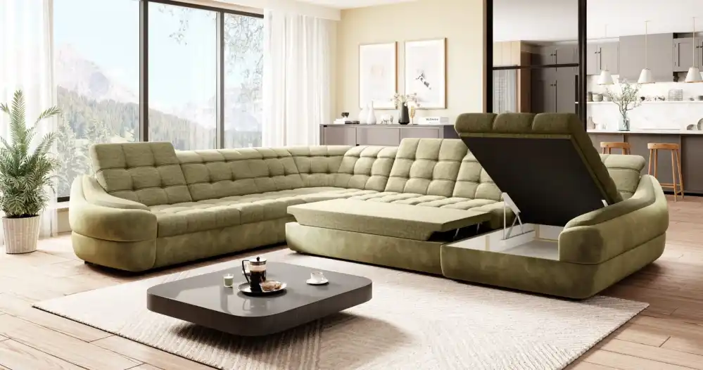 SOFÁ GRANDE CON CAMA Y ARCÓN FORMA DE U 398 CM X 314 INFINITY XL R3 OLIVA TELA