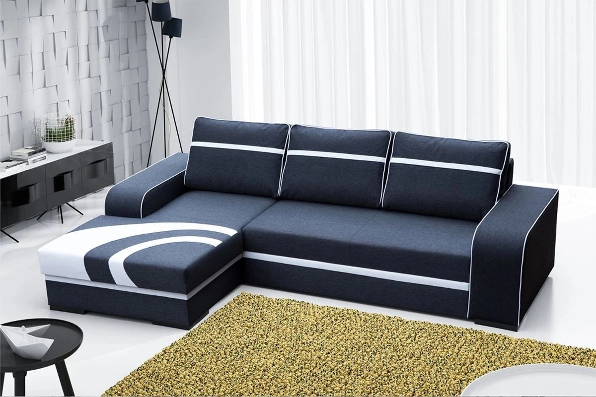 SOFÁ CAMA CON ARCÓN 285 CM X 165 CM FLORES NEGRO TELA/BLANCO POLIPIEL