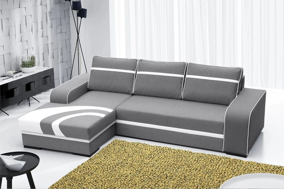 SOFÁ CAMA CON ARCÓN 285 CM X 165 CM FLORES GRIS CLARO TELA/BLANCO POLIPIEL