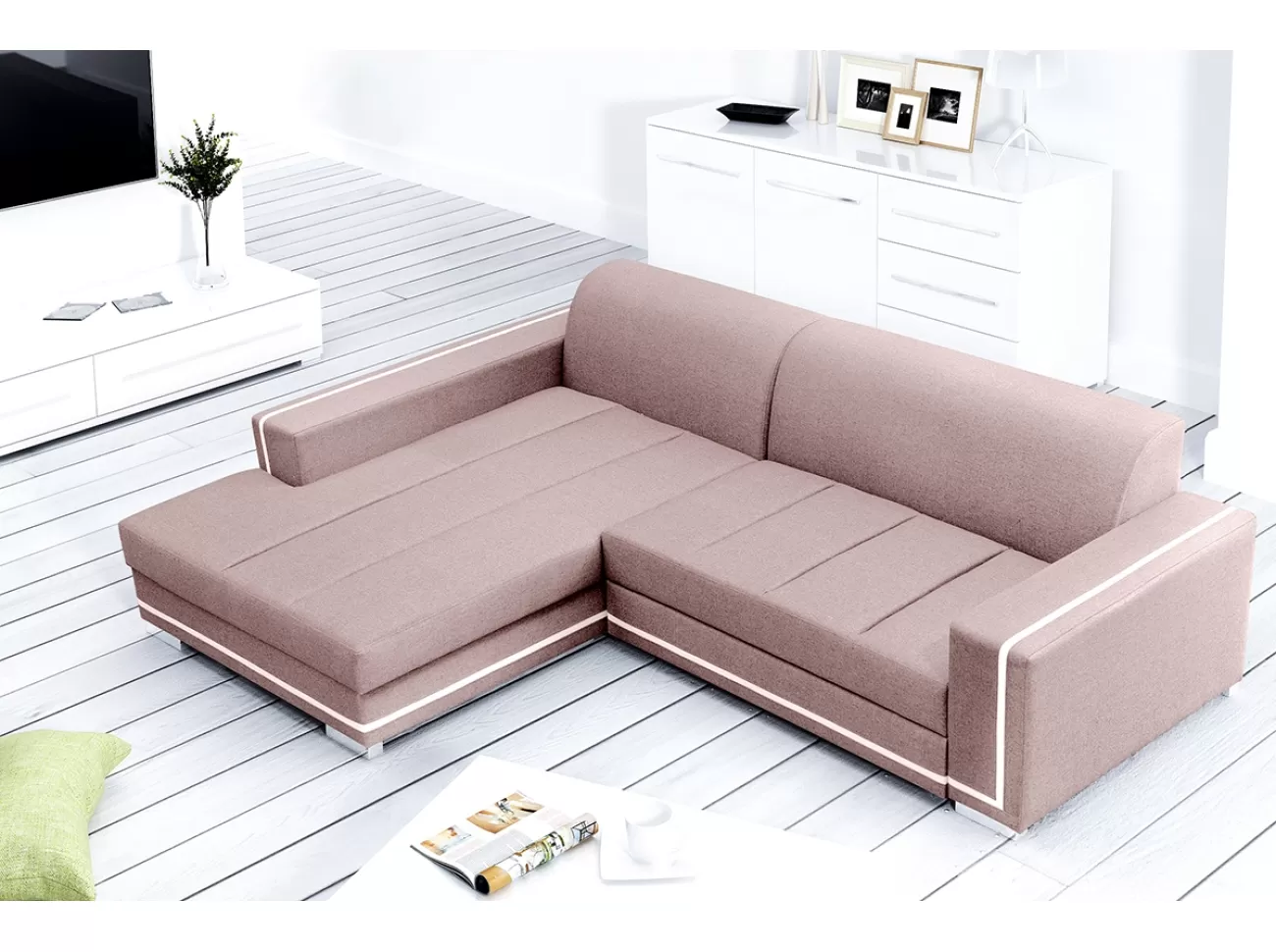 SOFÁ CAMA CON ARCÓN 260 CM X 177 CM MARTIN ROSA TELA/BLANCO POLIPIEL