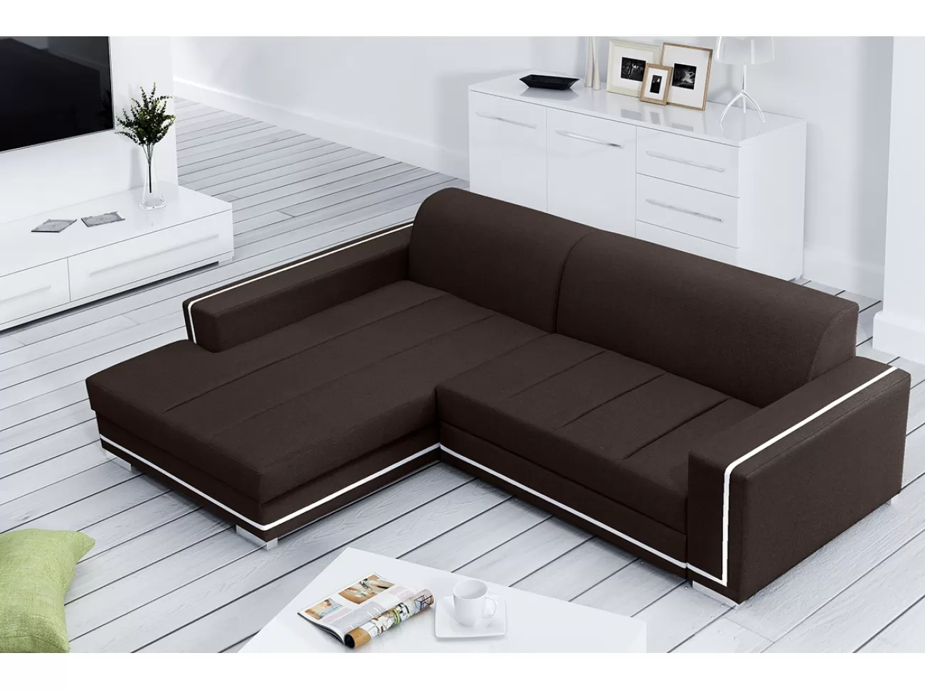 SOFÁ CAMA CON ARCÓN 260 CM X 177 CM MARTIN MARRÓN TELA/BLANCO POLIPIEL