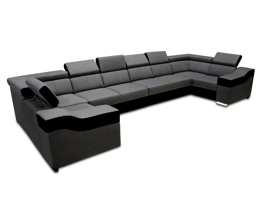 SOFÁ GRANDE 8 PLAZAS I FORMA DE U I REPOSACABEZAS RECLINABLES Y BRAZOS ANCHOS 440 CM X 190 CM EVA GRIS TELA/NEGRO POLIPIEL