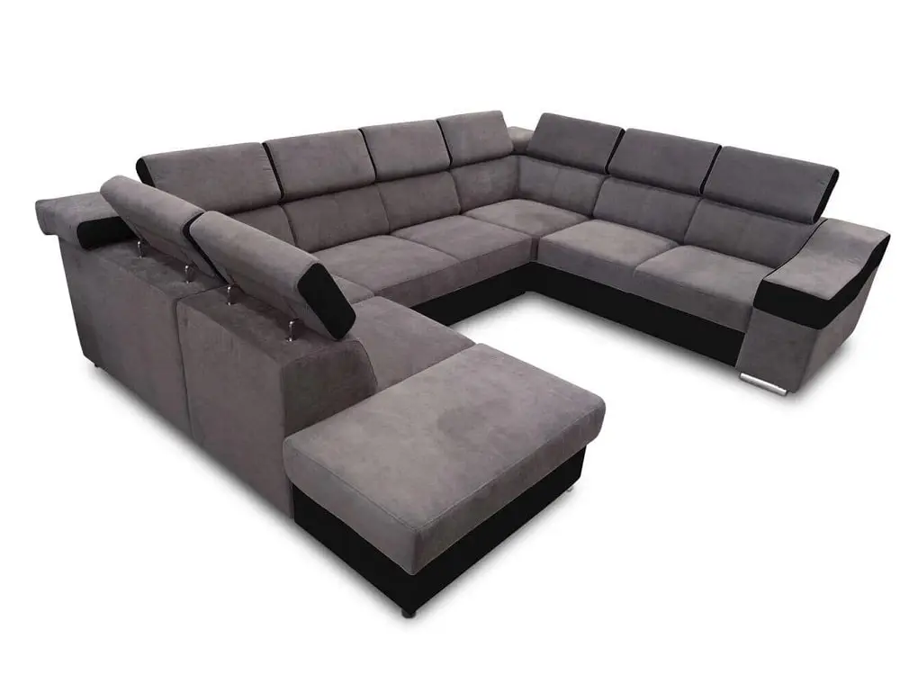 SOFÁ EN FORMA DE U I 7 PLAZAS I CAMA EXTRAIBLE I REPOSACABEZAS RECLINABLES I 335 CM X 260 CM ANGELA GRIS TELA/NEGRO POLIPIEL