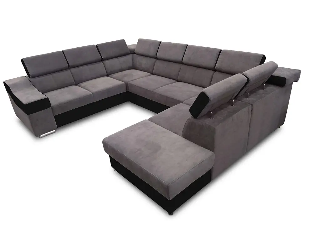 SOFÁ EN FORMA DE U I 7 PLAZAS I CAMA EXTRAIBLE I REPOSACABEZAS RECLINABLES I 335 CM X 260 CM ANGELA GRIS TELA/NEGRO POLIPIEL