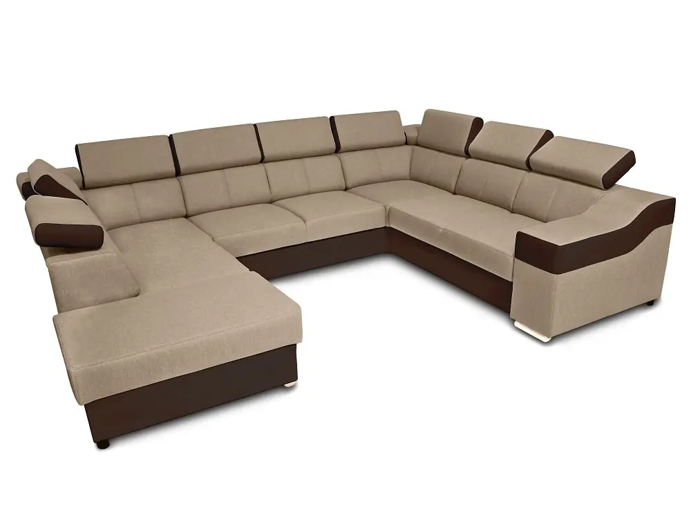 SOFÁ EN FORMA DE U I 7 PLAZAS I CAMA EXTRAIBLE I REPOSACABEZAS RECLINABLES I 335 CM X 260 CM ANGELA BEIGE TELA/MARRÓN POLIPIEL
