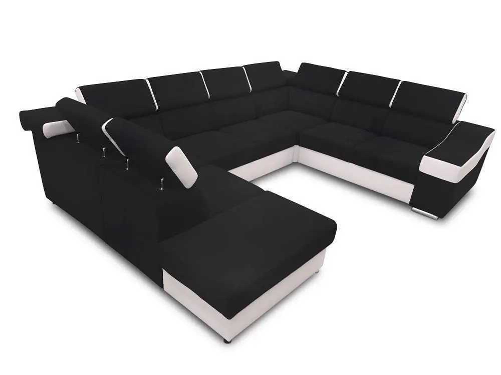 SOFÁ EN FORMA DE U I 7 PLAZAS I CAMA EXTRAIBLE I REPOSACABEZAS RECLINABLES I 335 CM X 260 CM ANGELA NEGRO TELA/BLANCO POLIPIEL