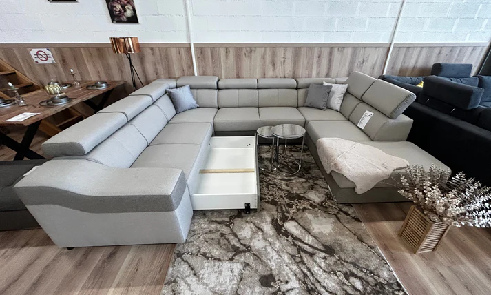 U-shaped sofa - Angela. Pull-out bed and reclining headrests + drawer 7 seats, Light gray / Dark gray, 335x260