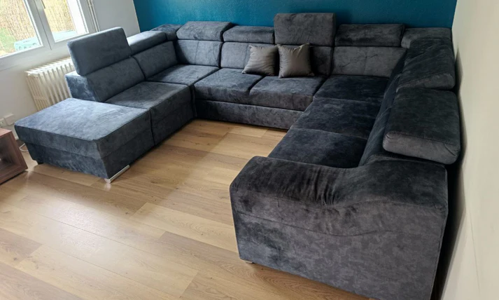 U-shaped sofa - Angela. Pull-out bed and reclining headrests + drawer 7 seats, Black / fabric, 335x260