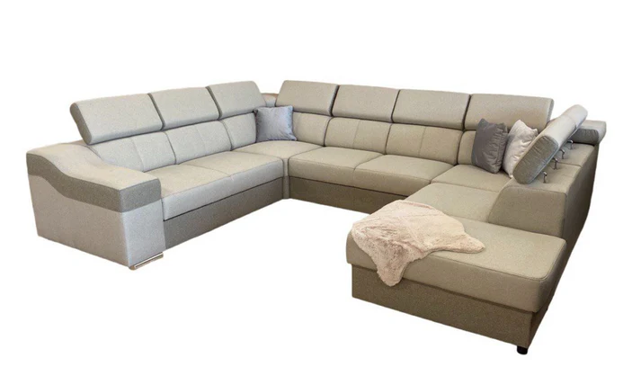 SOFÁ EN FORMA DE U I 7 PLAZAS I CAMA EXTRAIBLE I REPOSACABEZAS RECLINABLES I CAJON I 335 CM X 260 CM ANGELA BEIGE TELA/MARRÓN POLIPIEL
