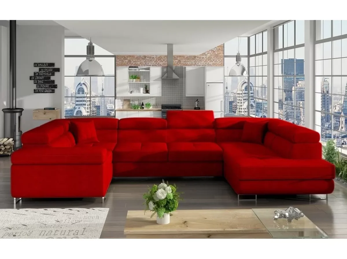 SOFÁ CAMA CON ARCÓN FORMA DE U REPOSACABEZAS RECLINABLES 340 CM X 202 CM LETTO ROJO