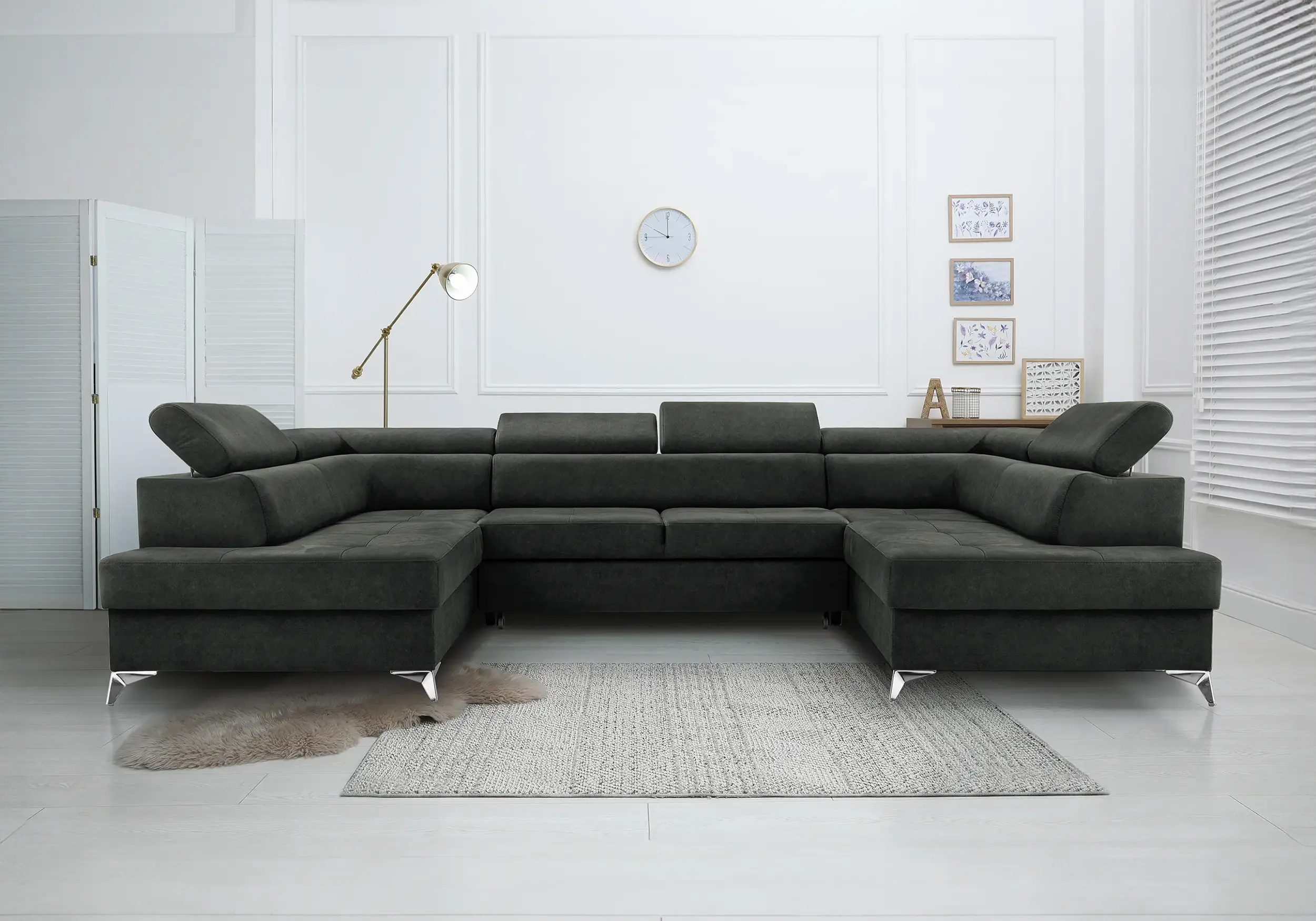 SOFÁ CAMA CON DOS ARCÓNES FORMA DE U 350 CM X 202 CM MADRYT GRIS OSCURO
