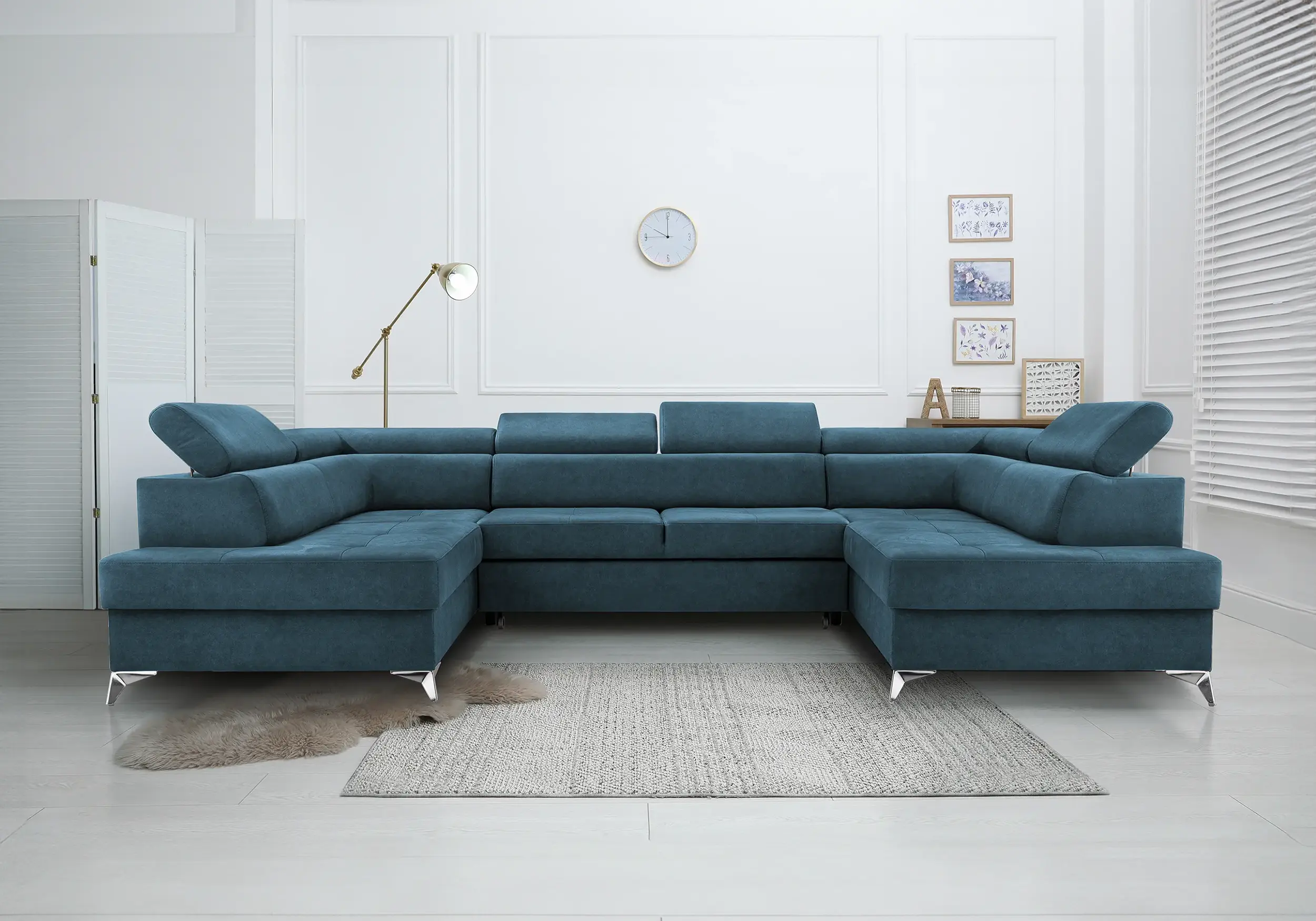 SOFÁ CAMA CON DOS ARCÓNES FORMA DE U 350 CM X 202 CM MADRYT AZUL