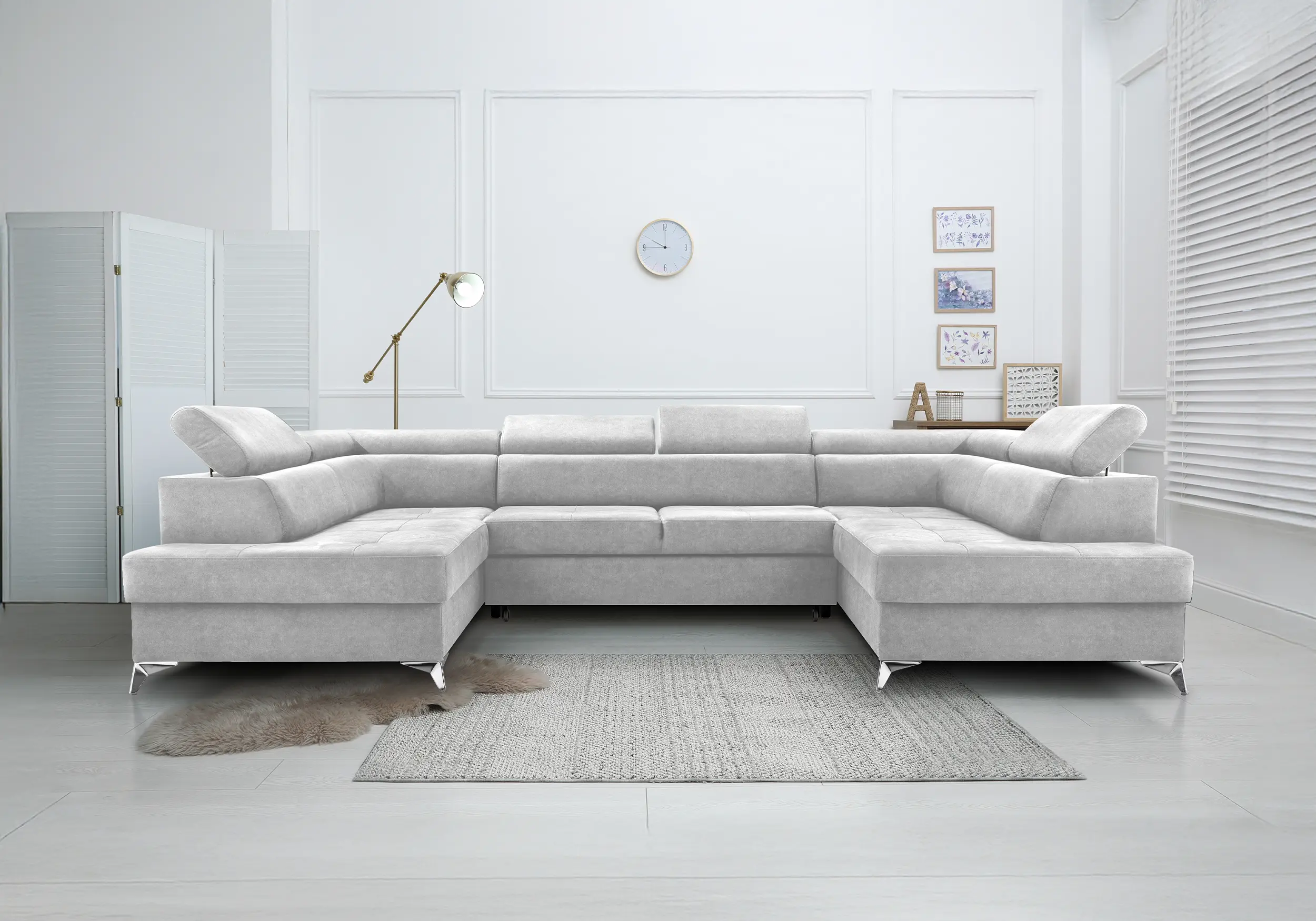 SOFÁ CAMA CON DOS ARCÓNES FORMA DE U 350 CM X 202 CM MADRYT GRIS CLARO