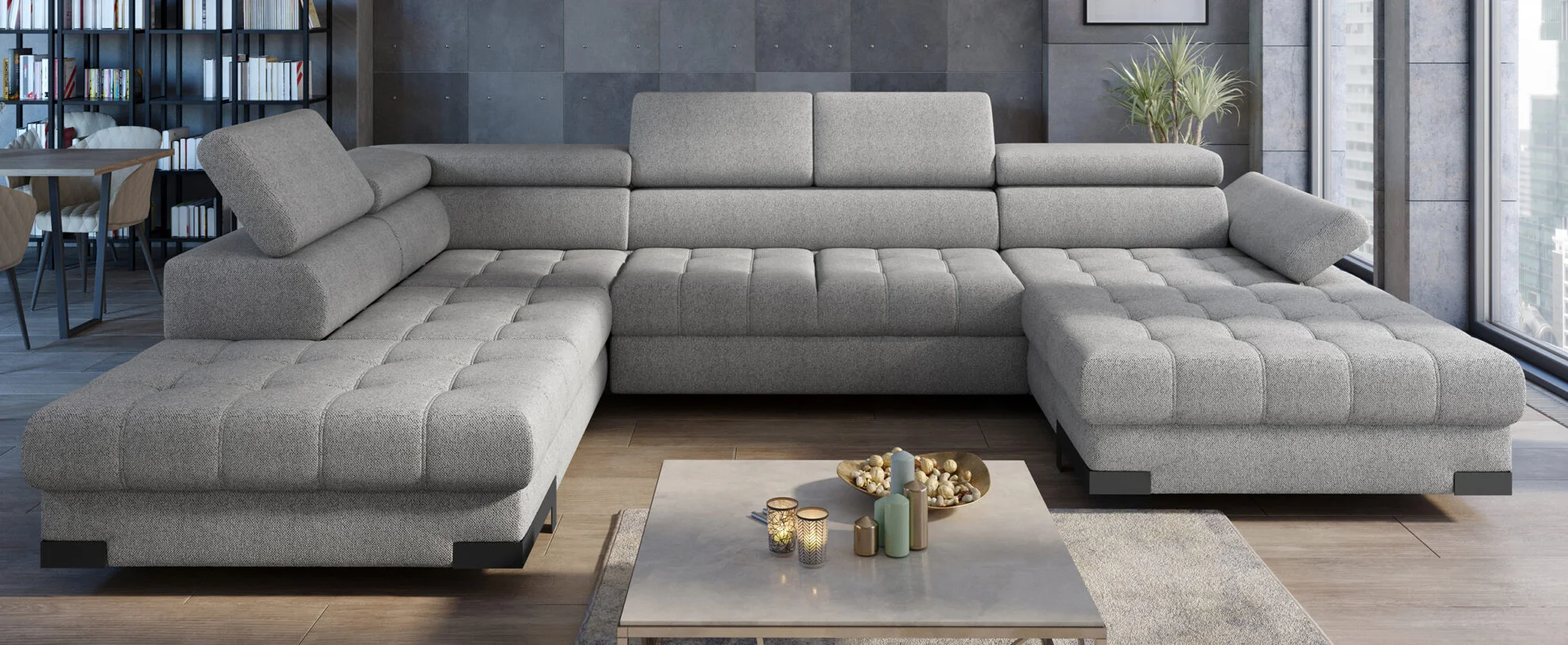 SOFÁ GRANDE CON CAMA Y ARCÓN FORMA DE U 339 CM X 223 SELVA XL GRIS
