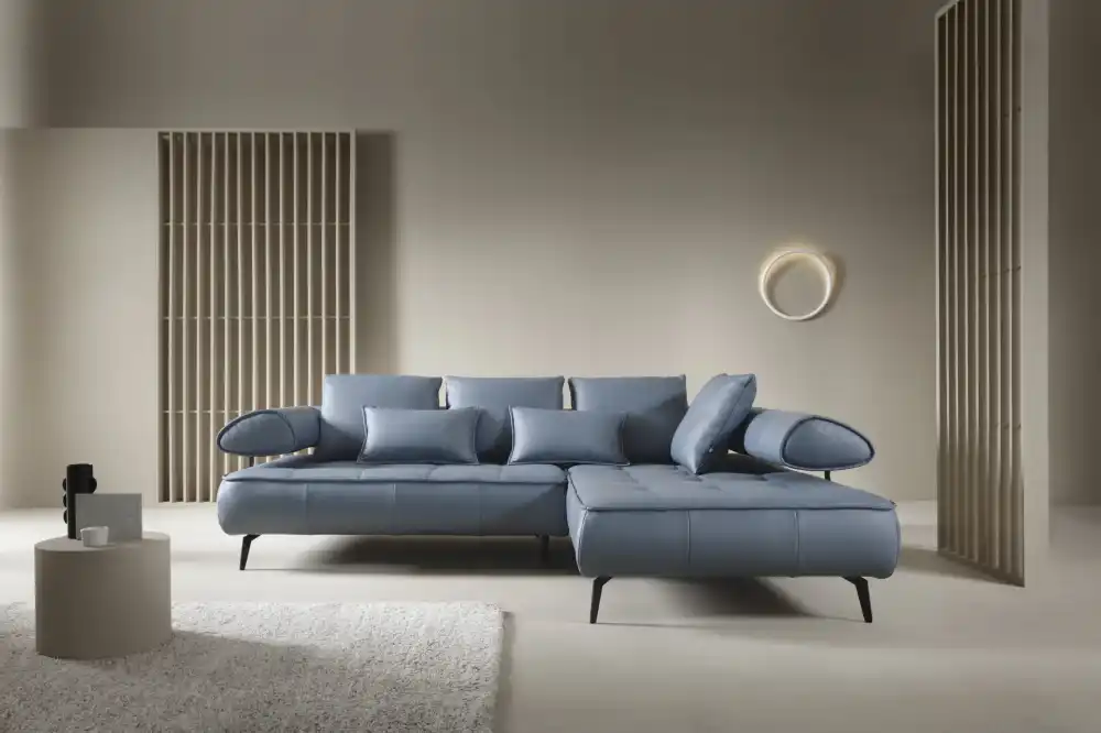 Sofá - piel natural asiento extensible eléctrico azul SELEDO L