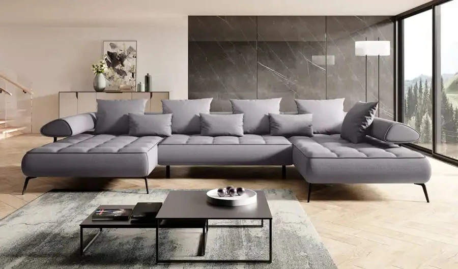 SOFÁ MODERNO I ASIENTO EXTENSIBLE ELÉCTRICO PATAS ALTAS 385 CM X 224 SELEDO XL GRIS