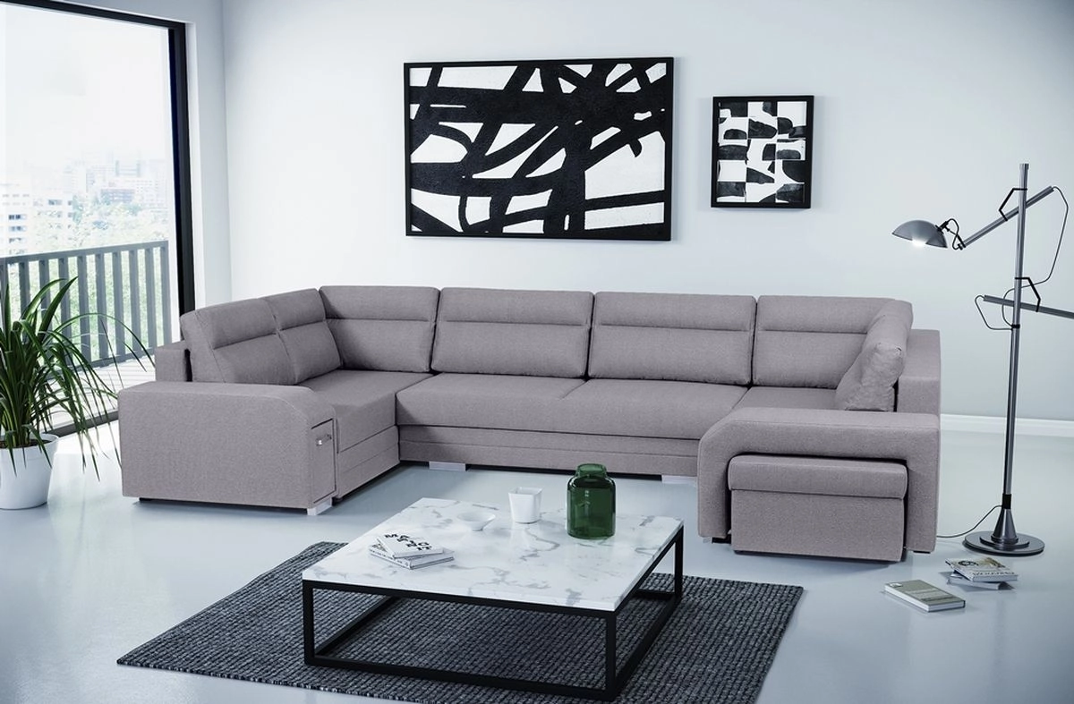 Large U-shaped sofa with bed and 3 storage compartments – ALVARES U, Light gray, 370x205