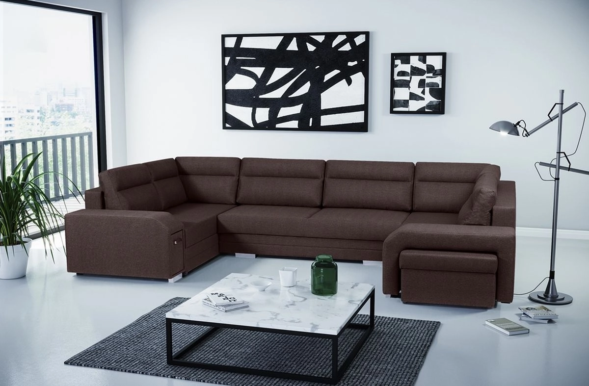Large U-shaped sofa with bed and 3 storage compartments – ALVARES U, Brown, 370x205