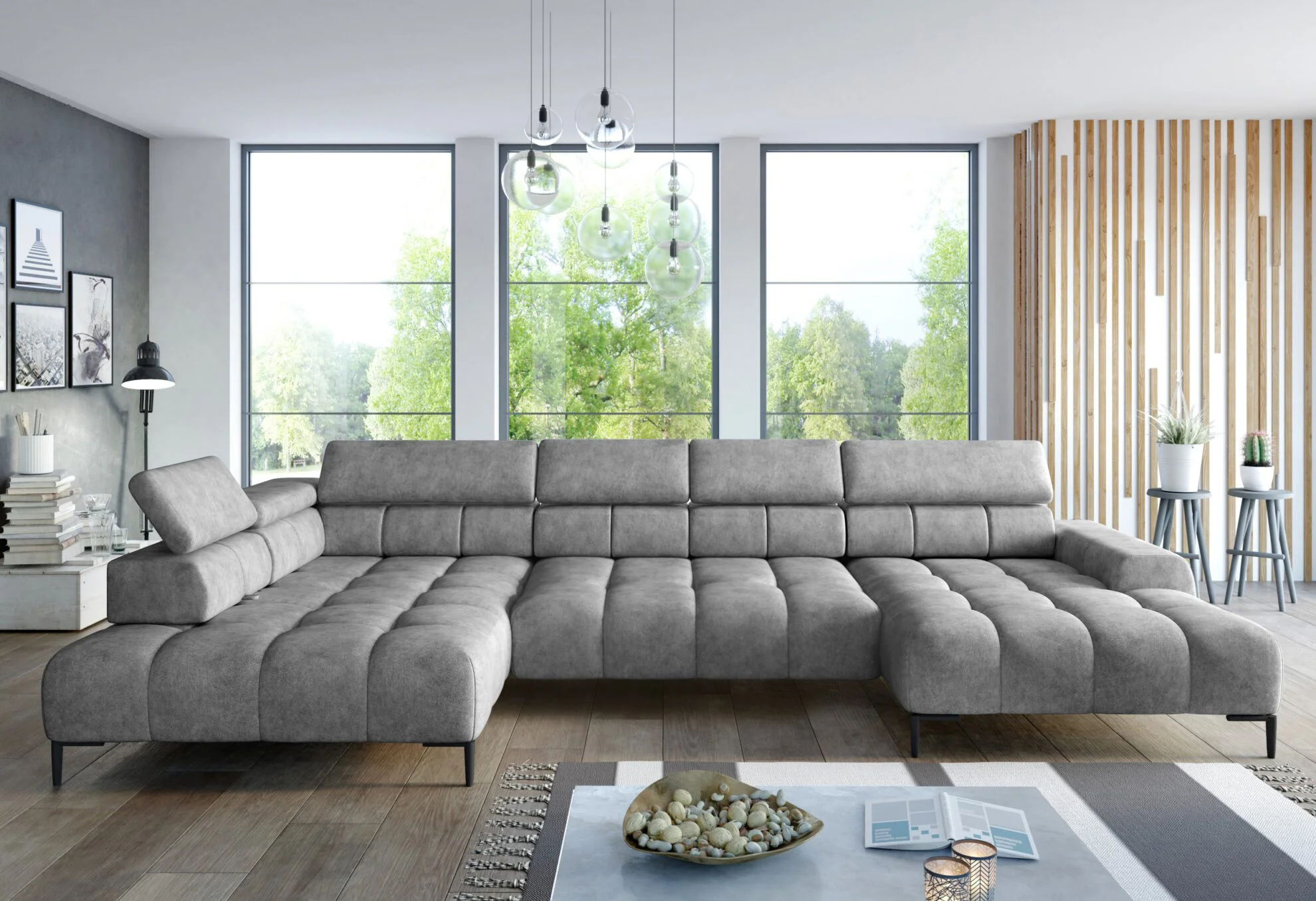 SOFÁ ASIENTO EXTENSIBLE ELÉCTRICO I PATAS ALTAS 385 CM X 216 PLAZA XL GRIS