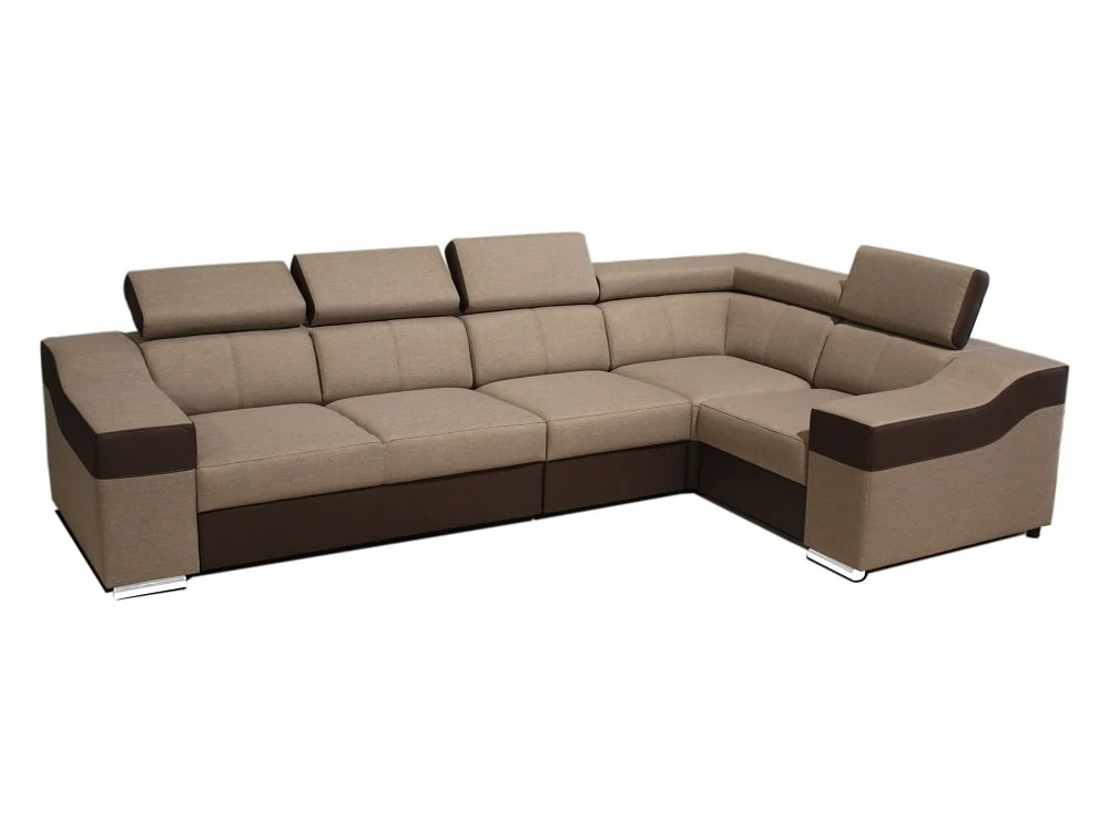 Sofá rinconera con altos reposacabezas y respaldos reversible 5 plazas – Eva, tela / polipiel, beige / marrón