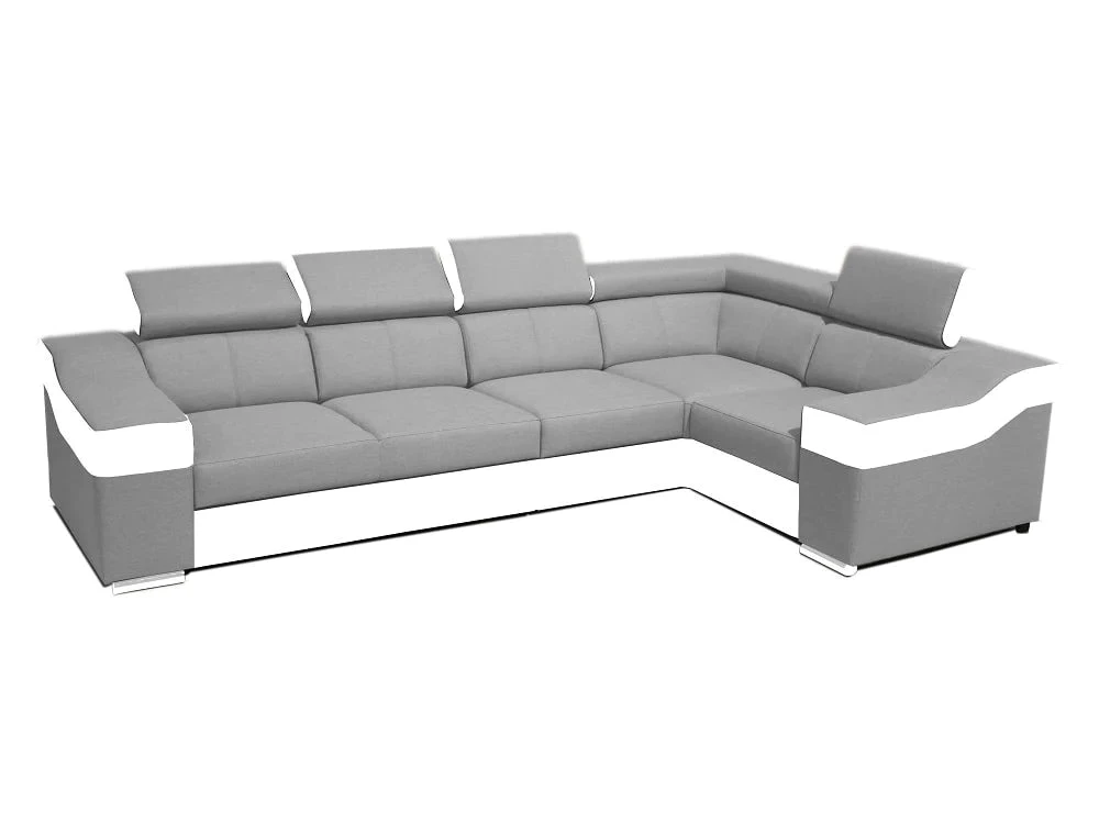 Sofá rinconera con altos reposacabezas y respaldos reversible 5 plazas – Eva, tela / polipiel, gris claro / blanco