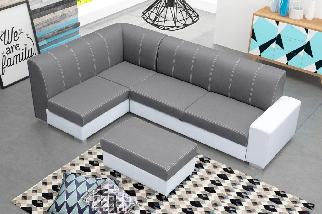 Corner sofa bed with storage compartment and ottoman — MINISTER, Gray/White, Fabric/Faux leather, 277x167