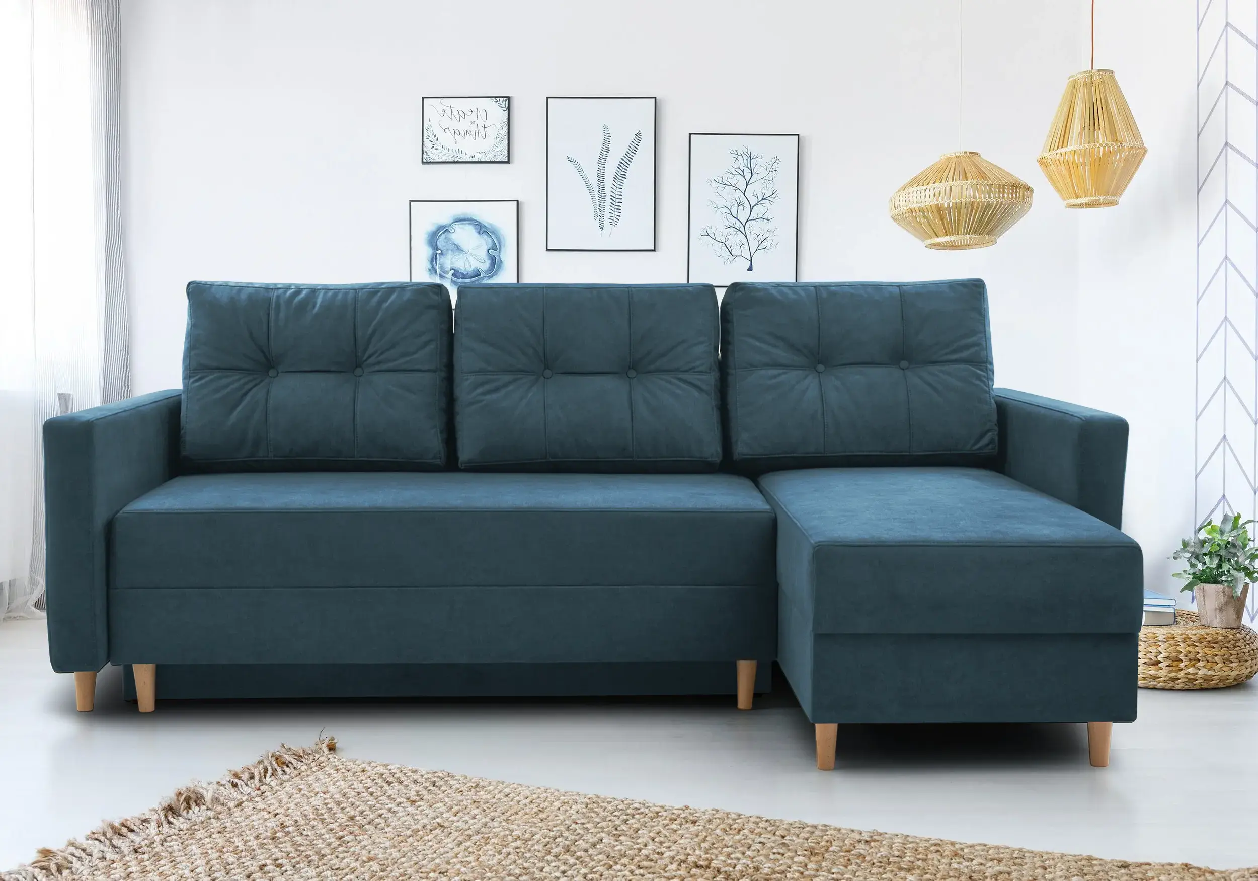 SOFÁ CAMA CON DOS ARCÓNES REVERSIBLE PATAS ALTAS 233 CM X 146 METRO AZUL