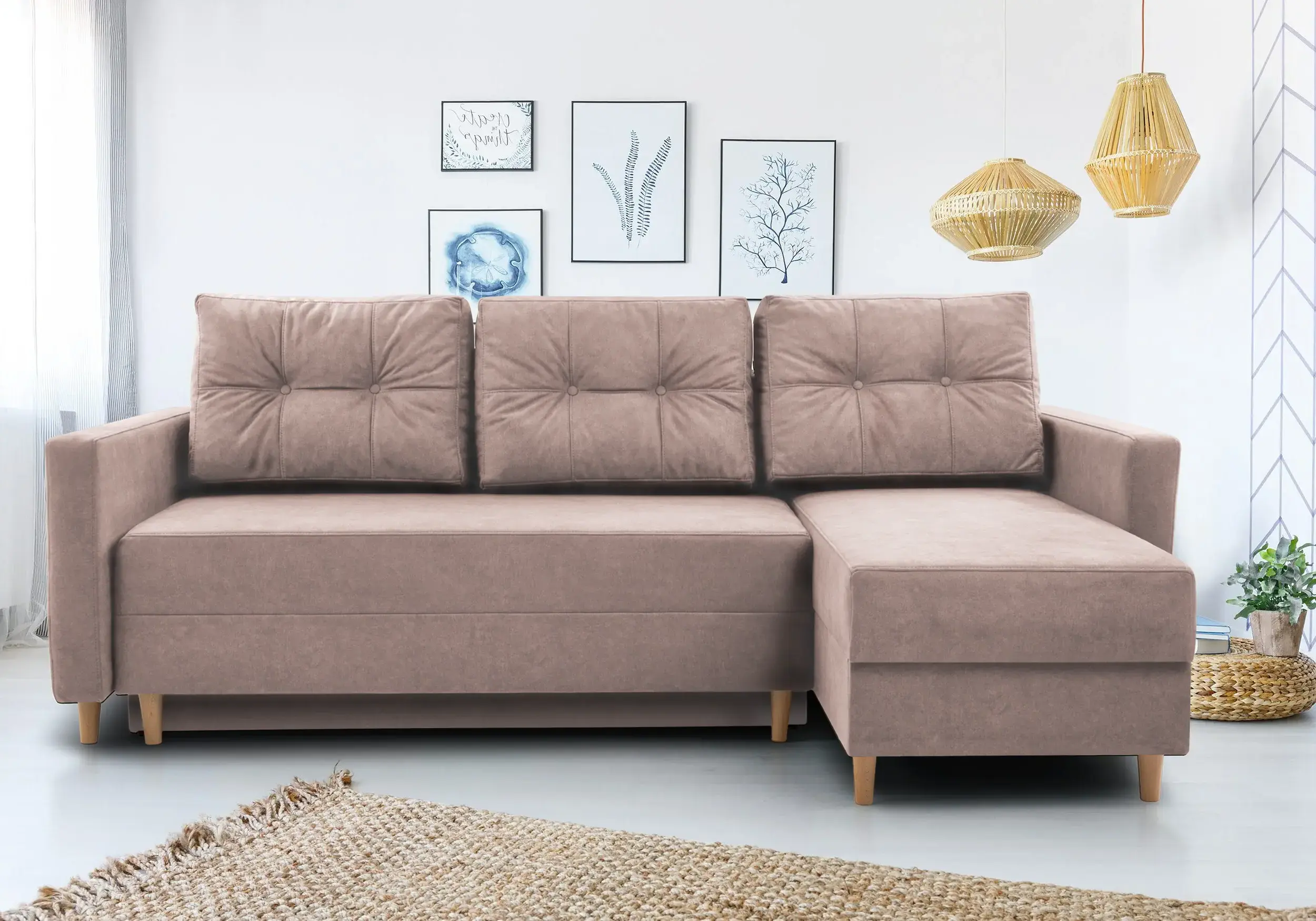 SOFÁ CAMA CON DOS ARCÓNES REVERSIBLE PATAS ALTAS 233 CM X 146 METRO ROSA