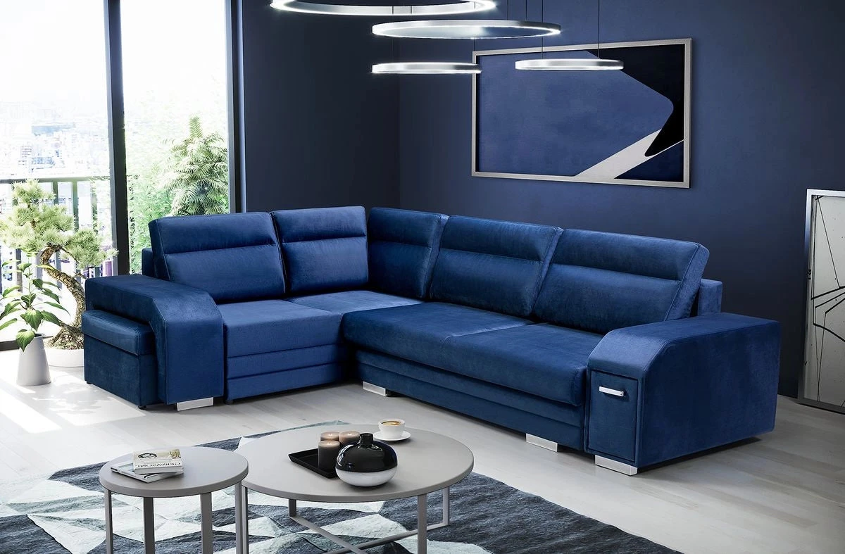 Sofá rinconera con puf, cama y 2 arcones – Alvares, Azul, 305x205