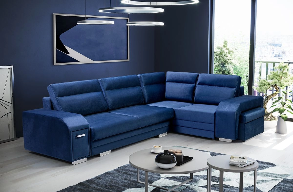 Sofá rinconera con puf, cama y 2 arcones – Alvares, Azul, 305x205