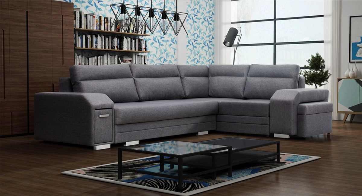 Corner sofa with pouf, bed and 2 storage compartments – Alvares, Dark Gray, 305x205