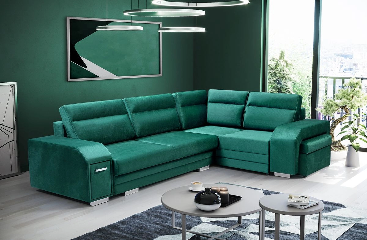 Sofá rinconera con puf, cama y 2 arcones – Alvares, Verde, 305x205