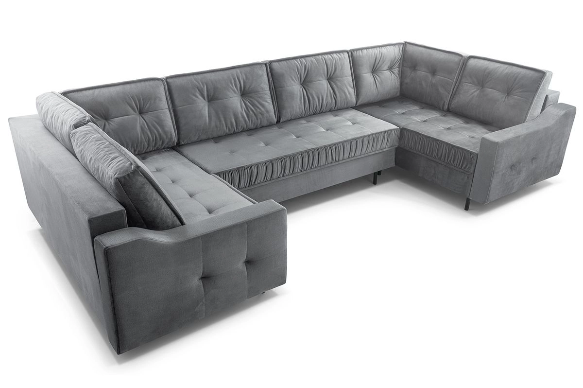 SOFÁ GRANDE CON CAMA Y TRES ARCONES FORMA DE U PATAS ALTAS 365 CM X 185 AKITA GRIS CLARO