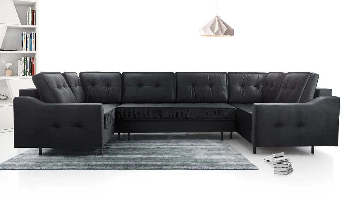 SOFÁ GRANDE CON CAMA Y TRES ARCONES FORMA DE U PATAS ALTAS 365 CM X 185 AKITA GRIS OSCURO
