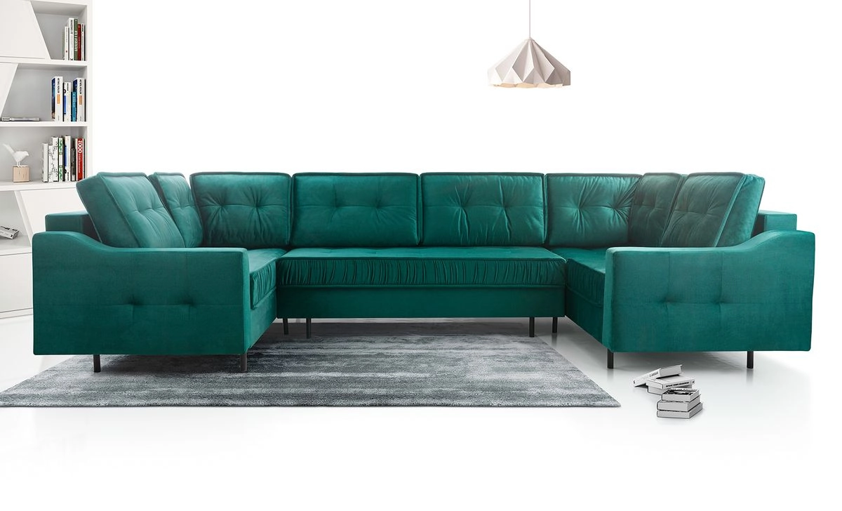 SOFÁ GRANDE CON CAMA Y TRES ARCONES FORMA DE U PATAS ALTAS 365 CM X 185 AKITA VERDE