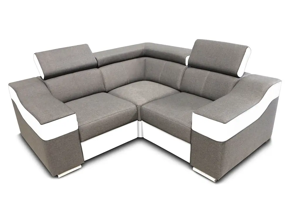 Sofá rinconera mini, reposacabezas reclinables y brazos anchos – Eva Mini, Gris claro / blanco, tela / polipiel