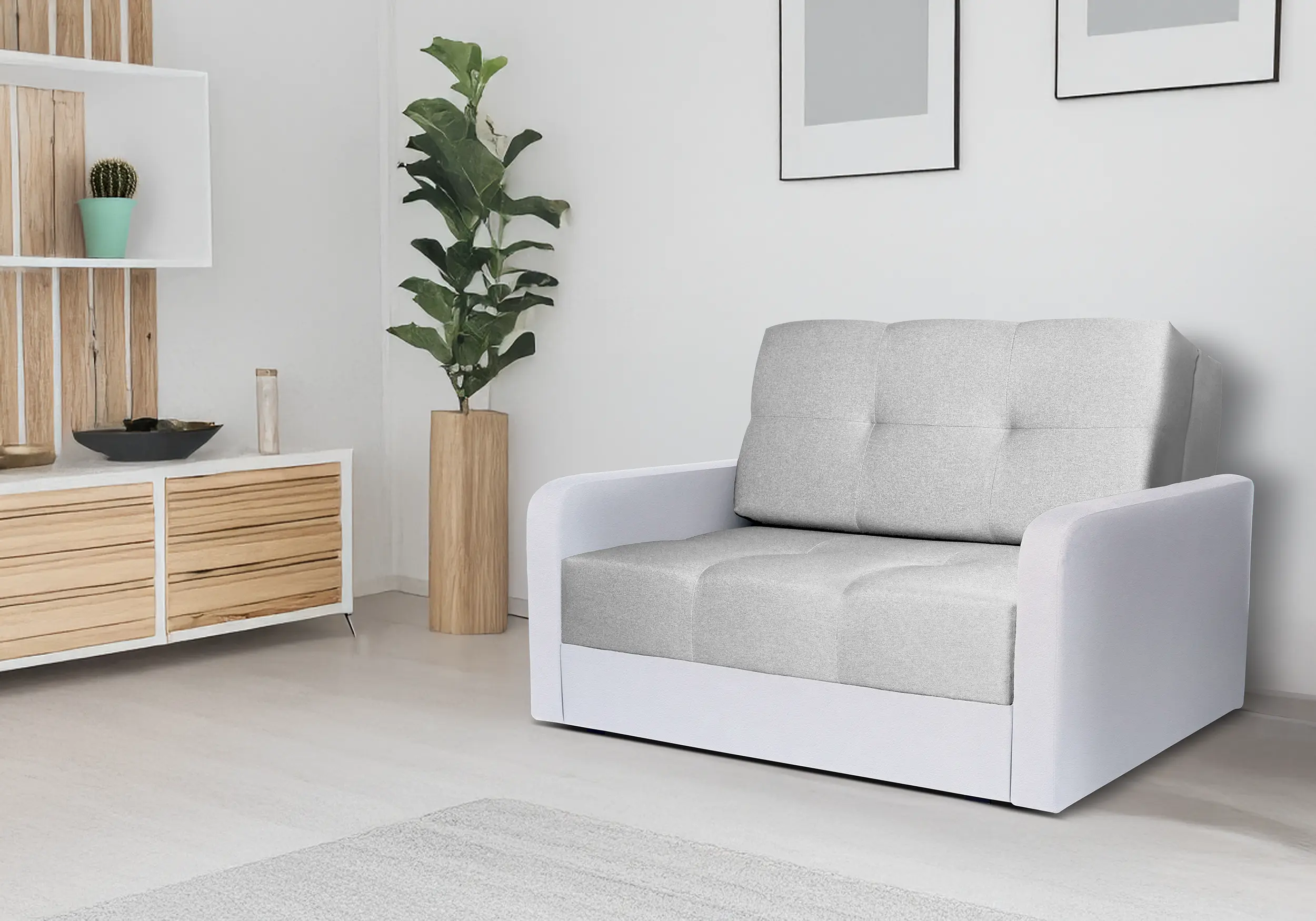 SOFÁ CAMA PEQUEÑO 2 PLAZAS 132 CM TOP II GRIS CLARO TELA/BLANCO POLIPIEL