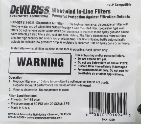 Фото Фильтр тонкой очистки воздуха для краскопультов Devilbiss HAF-507